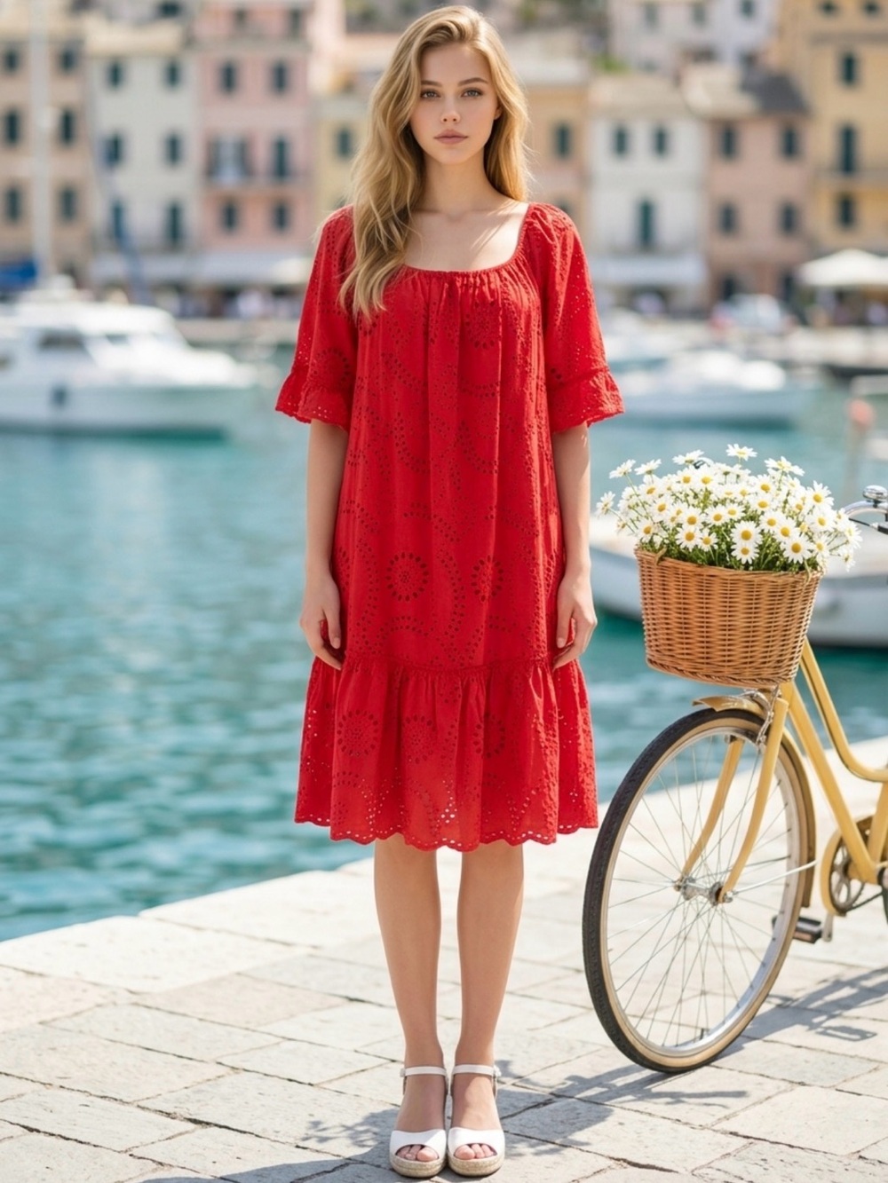 Red Eyelet Midi Dress with Square Neck